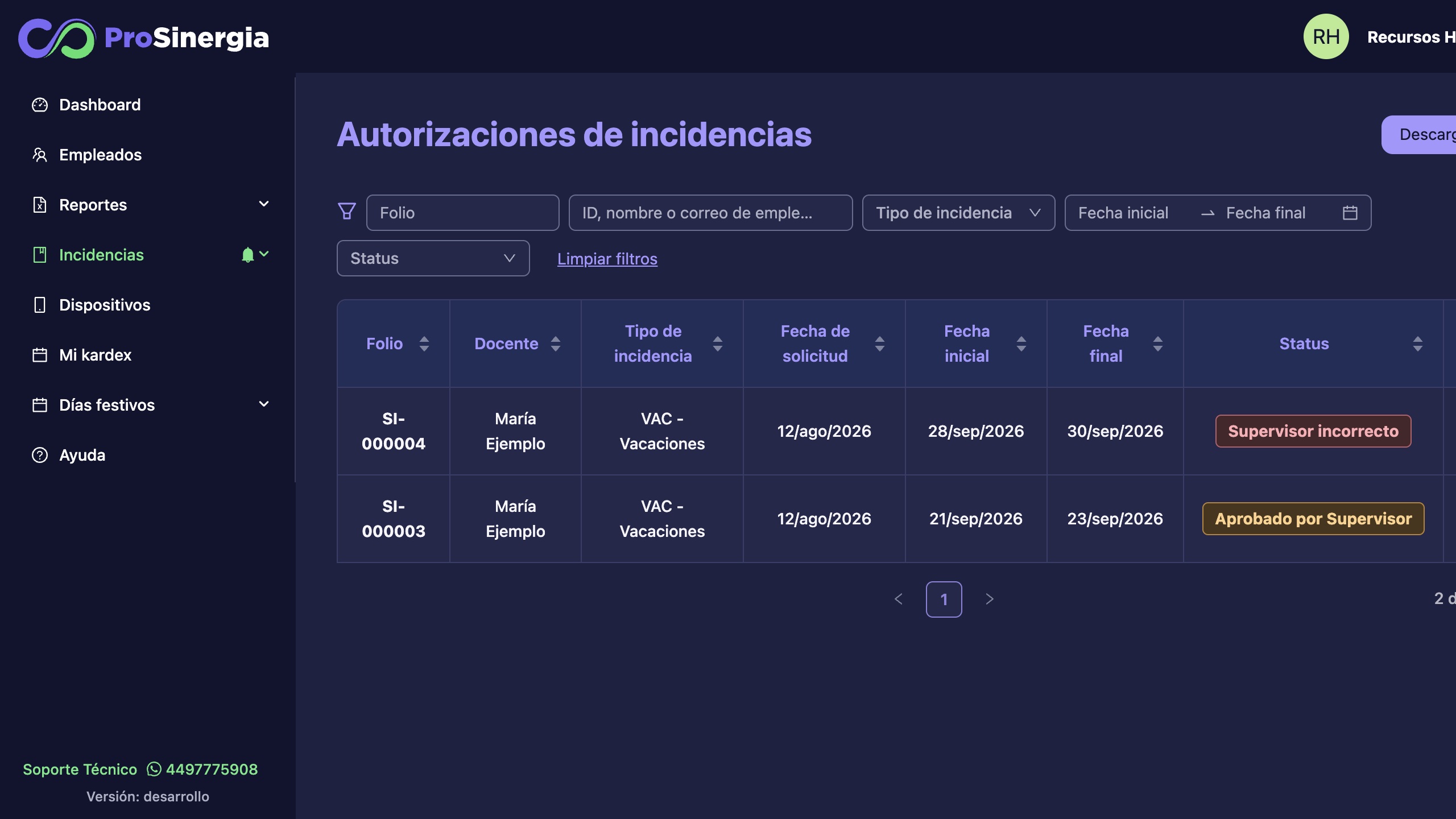 Bandeja de autorizaciones con solicitudes aprobadas por supervisor y con supervisor incorrecto