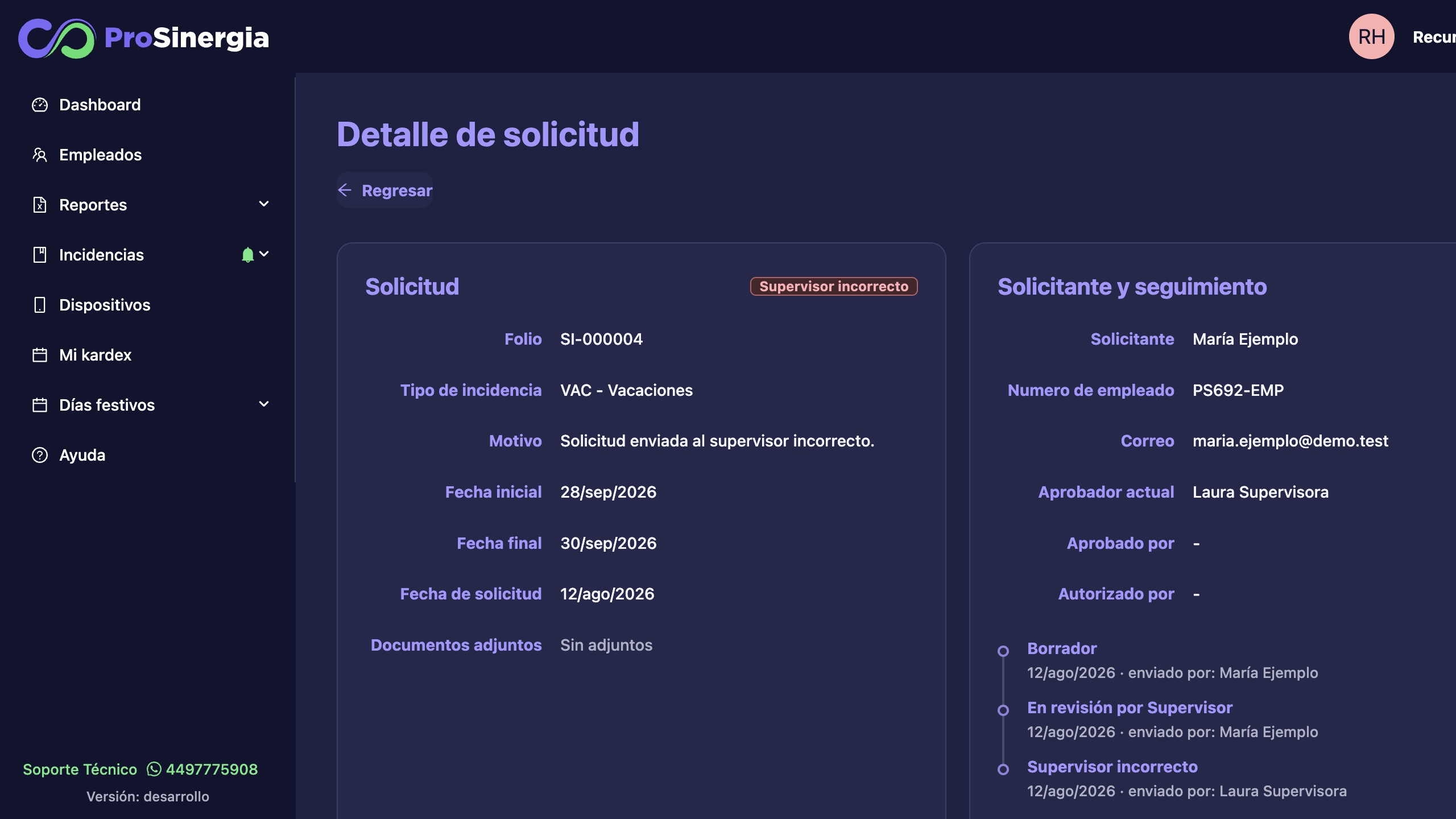 Detalle de una solicitud con supervisor incorrecto y el historial de seguimiento