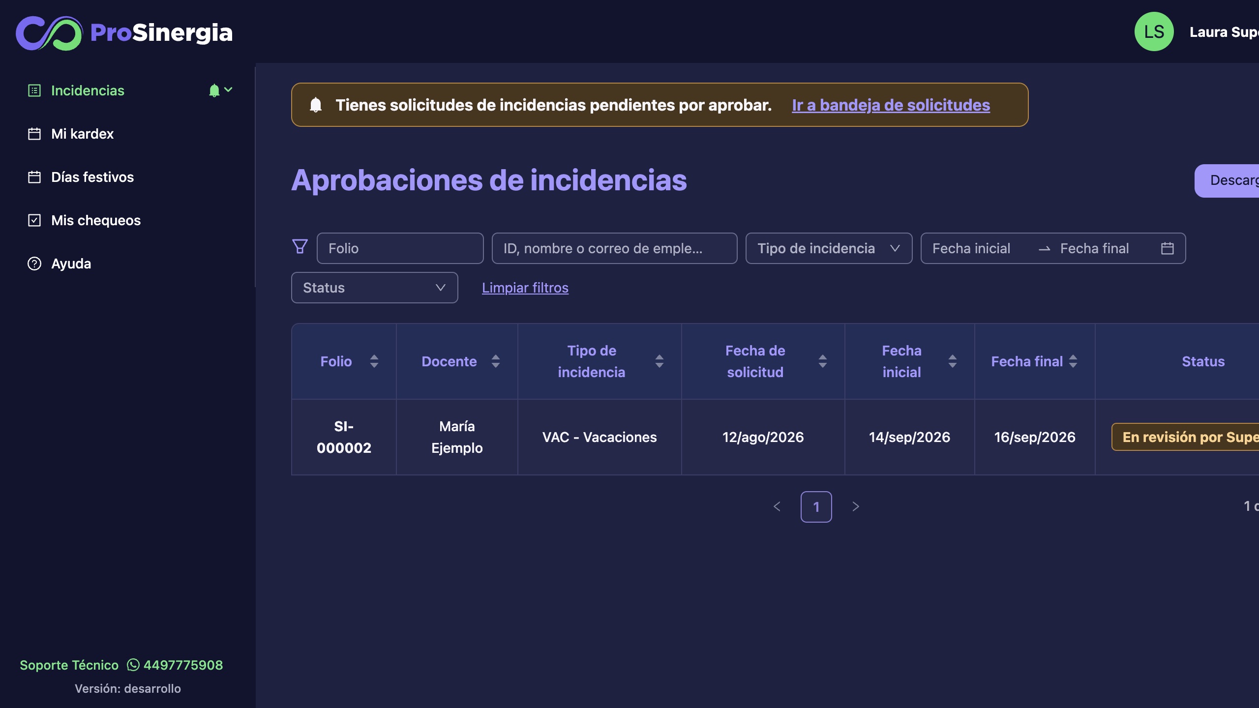 Bandeja de aprobaciones con una solicitud pendiente de revisión por el supervisor