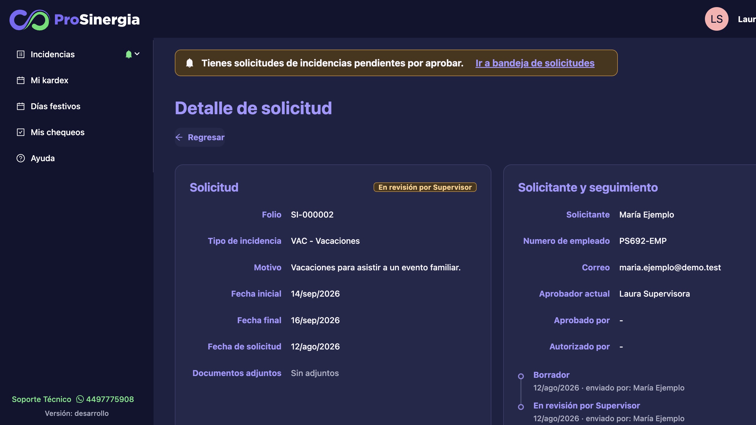 Detalle de una solicitud pendiente con la información del docente y su seguimiento
